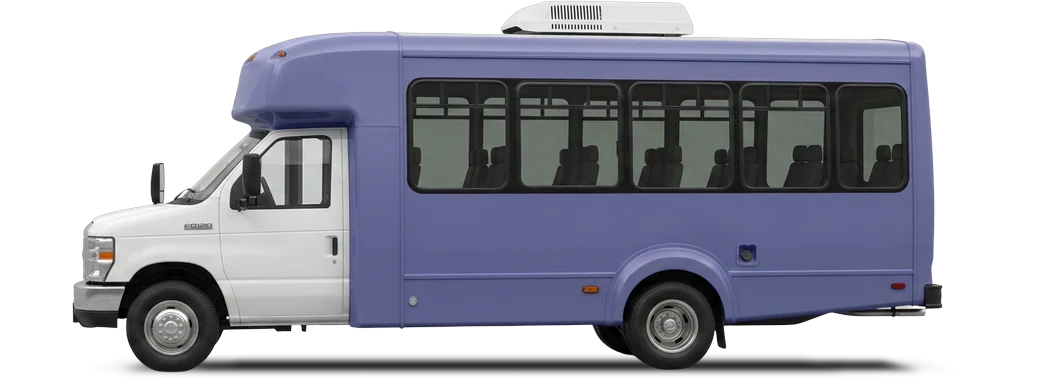 Purple mid size shuttle bus, side view