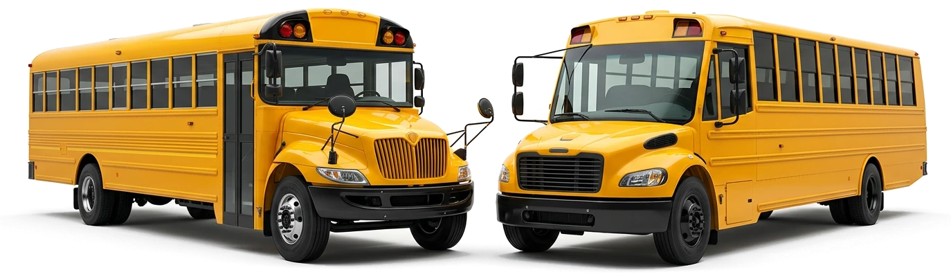 Two used yellow school buses shown side by side for comparison